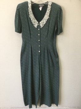 Womens, Romper, ALL THAT JAZZ, Forest Green, White, Rayon, Floral, W:32, B:40, H:42, Swirled Vines Pattern, White Lace Collar Attached, Short Sleeves, V-neck, Silver Buttons at Front, Padded Shoulders, Wide Leg Culotte Style Pant Bottom, with Pleats at Waist,