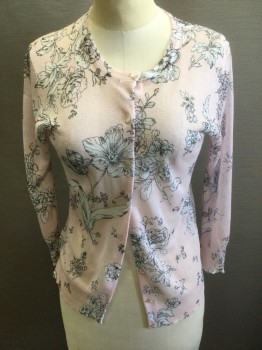 Womens, Sweater, ANN TAYLOR, Lt Pink, White, Black, Rayon, Polyester, Floral, XS, Light Pink with White Flowers with Black Edges Illustrated Pattern, Very Lightweight Sheer Knit, Mother of Pearl Buttons, Round Neck,  3/4 Sleeve