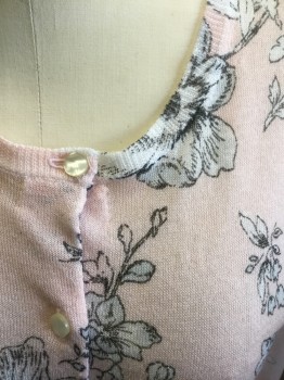 Womens, Sweater, ANN TAYLOR, Lt Pink, White, Black, Rayon, Polyester, Floral, XS, Light Pink with White Flowers with Black Edges Illustrated Pattern, Very Lightweight Sheer Knit, Mother of Pearl Buttons, Round Neck,  3/4 Sleeve