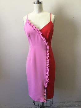 BARDOT, Pink, Red, Polyester, Solid, Pink & Red Adjustable Shoulder Straps with Pink Ruffled Trim at Right Bust and Left Front