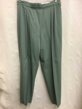 Womens, Pants, COSTUME CO-OP, Sage Green, Wool, Solid, W:28, Twill, High Waist, Double Pleats, Tapered Leg, Side Zipper, No Pockets, Unlined, Made To Order