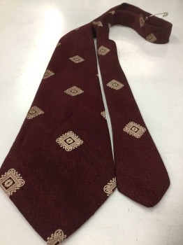 Mens, Tie, WEMLON WEMBLEY, Maroon Red, Tan Brown, Polyester, Diamonds, Abstract , 4 In Hand,