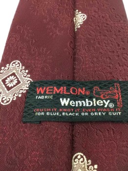 Mens, Tie, WEMLON WEMBLEY, Maroon Red, Tan Brown, Polyester, Diamonds, Abstract , 4 In Hand,