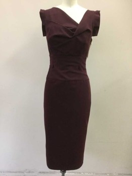 Womens, Dress, Sleeveless, BLACK HALO, Plum Purple, Synthetic, Spandex, Solid, XS, Cowl V-neck, Sleeveless. Belt Loops with Missing Belt