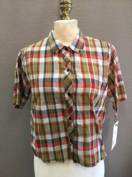 SANFORIZED, Olive Green, Red, Navy Blue, Off White, Cotton, Plaid, 3/4 Sleeve, Button Front, Button Down Collar,