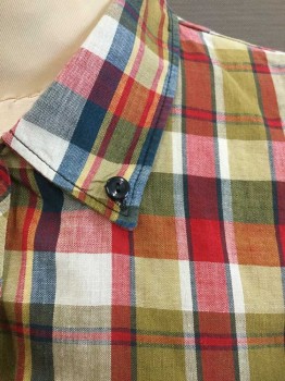 Womens, Blouse, SANFORIZED, Olive Green, Red, Navy Blue, Off White, Cotton, Plaid, B:36, 3/4 Sleeve, Button Front, Button Down Collar,