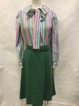 Womens, Dress, N/L, Olive Green, White, Hot Pink, Purple, Green, Polyester, Stripes - Vertical , Solid, W:28, B:36, Top Half Is White with Green, Hot Pink Purple, Orange, Light Green Vertical Stripes, Bottom Half Is Solid Olive Knit, Long Sleeves, Shirtwaist, Wide Collar Attached, Self "Pussy Bow" Ties at Neck, Knee Length A Line Skirt, Late 1970's ** Comes with Matching Olive Fabric Belt with Structured Backing, Gold Rectangular Buckle