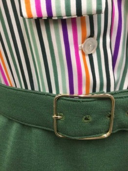 N/L, Olive Green, White, Hot Pink, Purple, Green, Polyester, Stripes - Vertical , Solid, Top Half Is White with Green, Hot Pink Purple, Orange, Light Green Vertical Stripes, Bottom Half Is Solid Olive Knit, Long Sleeves, Shirtwaist, Wide Collar Attached, Self "Pussy Bow" Ties at Neck, Knee Length A Line Skirt, Late 1970's ** Comes with Matching Olive Fabric Belt with Structured Backing, Gold Rectangular Buckle
