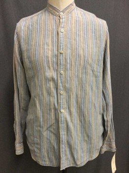 Mens, Casual Shirt, N/L, Brown, Blue, Gray, Linen, Stripes, 35/36, 17.5, Brown with Gray and Blue Stripes, Button Front, Collar Band, Long Sleeves,