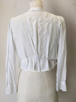N/L, White, Cotton, Solid, Floral, Button Front Closure, Tiny Tuck Pleats at Front. Floral Eyelit Embroider Detail. Long Sleeves with Tuck Pleats at Cuffs. Lace Trim Collar. Twill Tape at Center Back, Tiny Vertical Tuck Pleats at Center of Sleeves. Repaired Holes at Collar. Repaired Hole at Right Elbow. Repaired Holes at Back in Multiple Places,