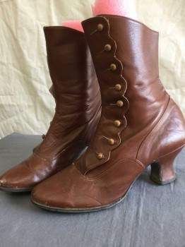 Womens, Boots 1890s-1910s, N/L, Sienna Brown, Leather, Solid, 5.5, Louis Heel, Above Ankle High, Scallopped Edge Button Side