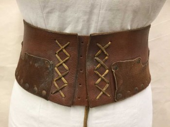Unisex, Sci-Fi/Fantasy Belt, N/L, Brown, Lt Brown, Bronze Metallic, Leather, Metallic/Metal, 5" Wide Brown Leather Waistband, 2 Columns Of Light Brown Leather Thong X's At Front, Circular Metal Studs Throughout On Leather Panels, Metal Loop Closures In Back with Leather Thong Laces, Hidden Velcro Closure, Overall Aged/Worn Appearance