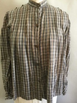N/L, Dk Gray, Brown, Tan Brown, White, Cotton, Plaid, Long Sleeve Button Front, Band Collar,  Pleats At Center Back To Center Front Shoulders, Puffy Sleeves with Gathered Shoulders, Made To Order,