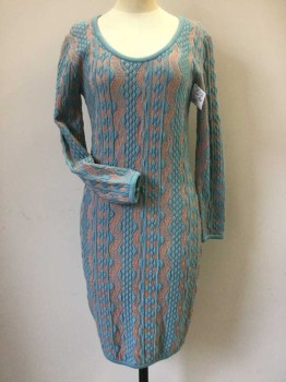 COOGI, Aqua Blue, Orange, Acrylic, Abstract , Stripes, Knit Sweater Dress, L/S, Scoop Neck, Body Contour