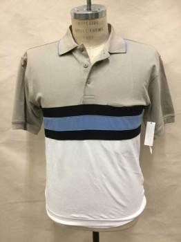 DAVID TAYLOR, Tan Brown, White, Baby Blue, Black, Cotton, Polyester, Color Blocking, S/S, Black and Baby Blue Chest Stripes, 1 Pocket, 3 Buttons,  Tan Ribbed Knit Collar with Baby Blue Edge, Ribbed Knit Cuff, White Ribbed Knit Waistband,