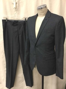 Mens, Suit, Jacket, TED BAKER, Charcoal Gray, Lt Gray, Polyester, Viscose, Speckled, 36S, Charcoal with Light Gray Specks, Single Breasted, Notched Lapel, 2 Buttons,  4 Pockets, Black Faille Trim on Pockets, Slim Fit, Graphic Lining with Black/White/Royal Blue Leaves, Giraffe, Parrot, Etc