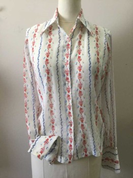 Womens, Shirt, LANE BRYANT, Cream, Blue, Red, Yellow, Lt Blue, Polyester, Cotton, Floral, Stripes - Vertical , 38B, Button Front, Collar Attached, Long Sleeves French Cuffs,  Sheer