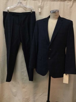 Mens, Suit, Jacket, BOSS, Midnight Blue, Navy Blue, Wool, Plaid-  Windowpane, 42 R, Notched Lapel, 2 Buttons,  1 Pocket, 2 Faux Pockets