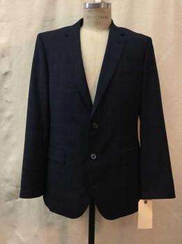 Mens, Suit, Jacket, BOSS, Midnight Blue, Navy Blue, Wool, Plaid-  Windowpane, 42 R, Notched Lapel, 2 Buttons,  1 Pocket, 2 Faux Pockets