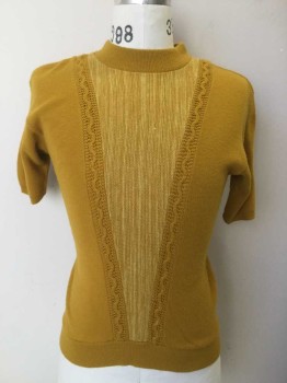HERITAGE SPORTSWEAR, Mustard Yellow, White, Acrylic, S/S, Novelty Knit, Stripe V Front Panel, Ribbed Knit Collar/Cuff/Waistband