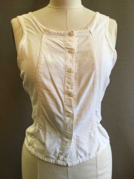 M.T.O., White, Cotton, Solid, Cotton Twill. Square Neckline with Rick Rack Trim, Button Front, Sleeveless,