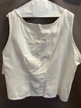 M.T.O., White, Cotton, Solid, Cotton Twill. Square Neckline with Rick Rack Trim, Button Front, Sleeveless,