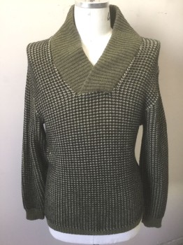 Mens, Sweater, PEBBLE BEACH, Olive Green, Black, Cream, Wool, Acrylic, Speckled, Birds Eye Weave, 44, Olive, Black and Cream Speckled/Dotted Weave, Long Sleeves, Solid Olive Ribbed Shawl Collar and Cuffs,