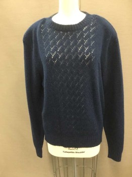 Womens, Sweater, PENDELTON, Navy Blue, Wool, Solid, L, Long Sleeves, Pullover, Ribbed Knit Crew Neck/Cuff/Waistband, Shoulder Pads,