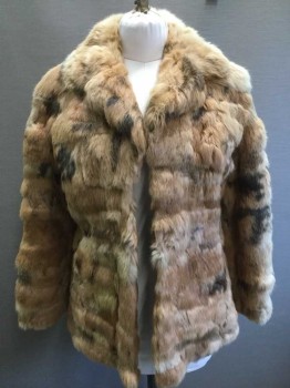 MADE IN KOREA, Tan Brown, Brown, Fur, Mottled, Rabbit Fur, 2 Fur Hooks and Eyes, Notched Lapel, 2 Pockets Trimmed with Dark Brown Leather, Diamond Quilted Lining, Great 1970s Vibe and Color for a Well Off Hippie