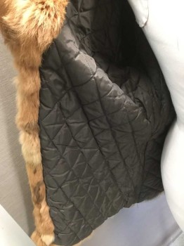 MADE IN KOREA, Tan Brown, Brown, Fur, Mottled, Rabbit Fur, 2 Fur Hooks and Eyes, Notched Lapel, 2 Pockets Trimmed with Dark Brown Leather, Diamond Quilted Lining, Great 1970s Vibe and Color for a Well Off Hippie