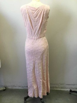Womens, Evening Gown, FOX123, Pink, Cream, Poly/Cotton, Floral, W28, B34, Jewel Neckline, Sleeveless Fitted Dress. Zip at Side Seam. Length to Floor. Pink with Cream Floral Embroidery,