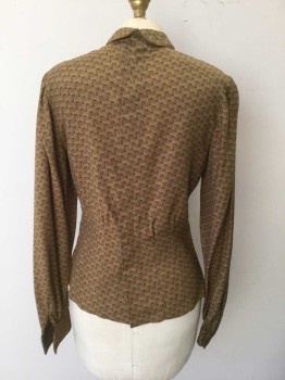 Womens, Blouse, N/L, Mustard Yellow, Charcoal Gray, Cotton, Geometric, W:27, B:34, Mustard with Charcoal Repeating/Overlapping Squares Pattern, Long Sleeves, Hidden Button Closures at Center Back, Small Rounded Collar with Self Fabric Bow, Mustard Braided Piping Trim Throughout, 7.5" Wide Yoke at Waist with 2 Vertical Piped Seams Up to Neck, Gathered Above Yoke, Made To Order Reproduction 1930's