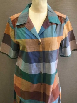 Womens, 1980s Vintage, Piece 1, 1045 PARK, Teal Blue, Mustard Yellow, Teal Green, Brown, Tan Brown, Polyester, Cotton, Check , W27, B34, Shirt, Button Front, Short Sleeve, Collar Attached, 1 Pocket,