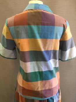 1045 PARK, Teal Blue, Mustard Yellow, Teal Green, Brown, Tan Brown, Polyester, Cotton, Check , Shirt, Button Front, Short Sleeve, Collar Attached, 1 Pocket,
