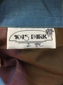 1045 PARK, Teal Blue, Mustard Yellow, Teal Green, Brown, Tan Brown, Polyester, Cotton, Check , Shirt, Button Front, Short Sleeve, Collar Attached, 1 Pocket,