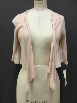Womens, Sweater, REBECCA TAYLOR, Blush Pink, Cream, Cotton, Viscose, Solid, L, Blush, Cream Lace Trim with Clear Buggle Beads, Sheer. 3/4 Sleeves