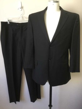 BCBG, Black, Wool, Solid, Single Breasted, Collar Attached, Notched Lapel, 3 Pockets, 2 Buttons