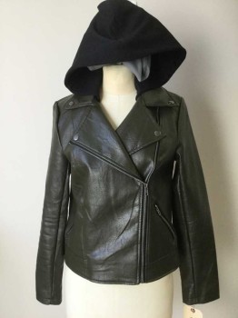 FOREVER 21, Olive Green, Black, Faux Leather, Cotton, Solid, Lightly Textured, Asymmetrical Motorcycle Style Zipper Close, 2 Zipper Pocket, Jersey Hood