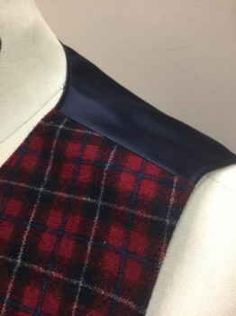 VESTED INTERESTS, Maroon Red, Navy Blue, Beige, Royal Blue, Wool, Polyester, Plaid-  Windowpane, 5 Buttons, No Pockets, Solid Navy Poly Satin Back, Self Belted Back