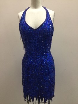 GLAM GURLS, Blue, Navy Blue, Clear, Silk, Sequins, Hologram Blue Sequinned All Over Halter with Navy Beaded Trim and Navy Beaded Tear Drop Tassles. Irregular Zig Zag Shape Trim at Hemline, Open Back with Open Lace & Sequinned Waist. Zipper Center Back,  Repairs at Open Back Lace