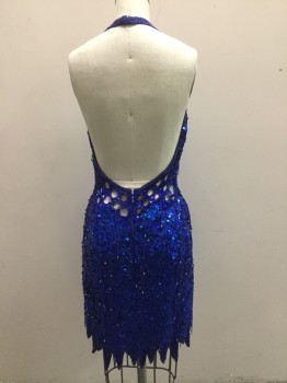 GLAM GURLS, Blue, Navy Blue, Clear, Silk, Sequins, Hologram Blue Sequinned All Over Halter with Navy Beaded Trim and Navy Beaded Tear Drop Tassles. Irregular Zig Zag Shape Trim at Hemline, Open Back with Open Lace & Sequinned Waist. Zipper Center Back,  Repairs at Open Back Lace