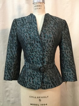 Womens, Suit, Jacket, TAHARI, Pewter Gray, Teal Green, Black, Polyester, Animal Print, 4, Snap Front V-neck, Long Sleeves, Belt Loops, Matching Buckle BELT, Evening