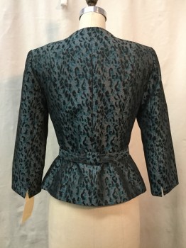 Womens, Suit, Jacket, TAHARI, Pewter Gray, Teal Green, Black, Polyester, Animal Print, 4, Snap Front V-neck, Long Sleeves, Belt Loops, Matching Buckle BELT, Evening