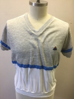 Mens, T-shirt, HONORS SPORT, Heather Gray, White, French Blue, Acrylic, Polyester, Color Blocking, L, Gray Top Half, White Bottom Half and Shoulder Stripes, Short Sleeves, French Blue Accent Stripe Across Waist and Sleeves, Sweatshirt Weight, V-neck, Rainbow Triangle Patch at Chest, 1 Pocket at Side Front with Snap Closure,