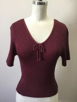 ABSOLUTELY, Red Burgundy, Nylon, Solid, Ribbed Knit, S/S, V-neck, Stretch, Self Tie at Center Front, Fitted