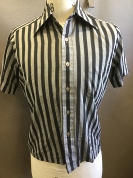 HADWAY, Gray, Black, Polyester, Cotton, Stripes - Vertical , B.F.,  Peaked C.A., S/S, Patch Pocket