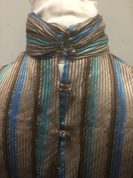 SOPHISTICATES, Brown, Blue, Turquoise Blue, White, Silk, Stripes - Vertical , Geometric, Chiffon, Long Sleeves, Stand Collar, Puffy Sleeves. 4 Button Closure at Center Back Neck,