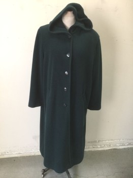 Womens, Coat, KRISTEN BLAKE, Dk Green, Wool, Acrylic, Solid, XL, Heavy Wool, Long Sleeves, Single Breasted, 5 Buttons, Hooded, Ankle Length, Padded Shoulders, 2 Pockets at Hips, Late 1980's/Early 1990's