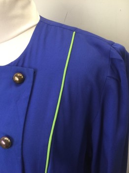 LIZ ROBERTS, Indigo Blue, Polyester, Rayon, Solid, Lime Green Piping & Accents, L/S, Double Breasted with Gold Buttons, Padded Shoulders, Dropped Waist, Pleated at Hem, Knee Length
