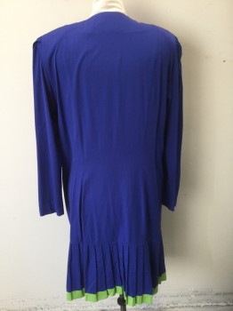 LIZ ROBERTS, Indigo Blue, Polyester, Rayon, Solid, Lime Green Piping & Accents, L/S, Double Breasted with Gold Buttons, Padded Shoulders, Dropped Waist, Pleated at Hem, Knee Length
